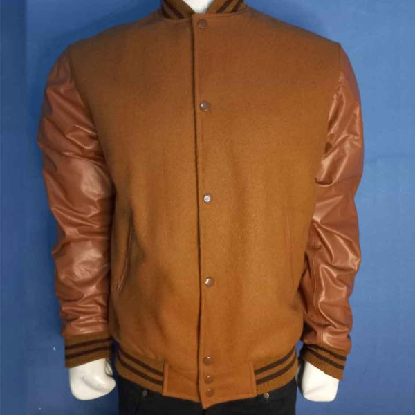Brown wool varsity jacket with genuine leather sleeves